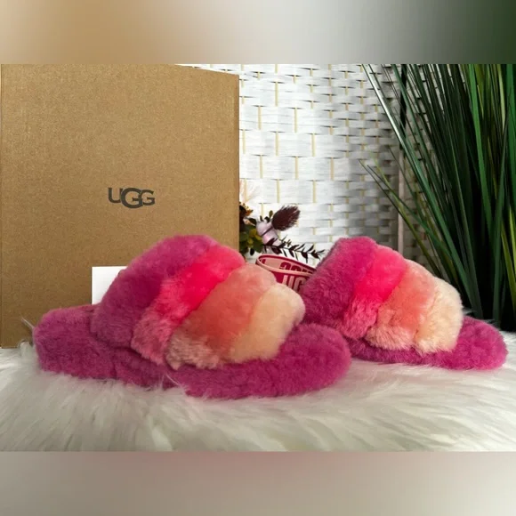 Excellent Condition- UGG Fluff Yeah Multi-Color Fur Platform Slides - Picture 1 of 4